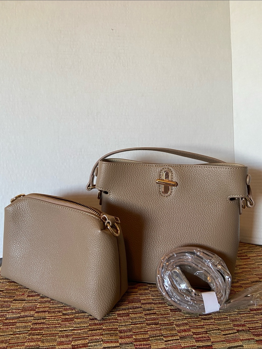 Taupe Leather Crossbody Bag with Pouch